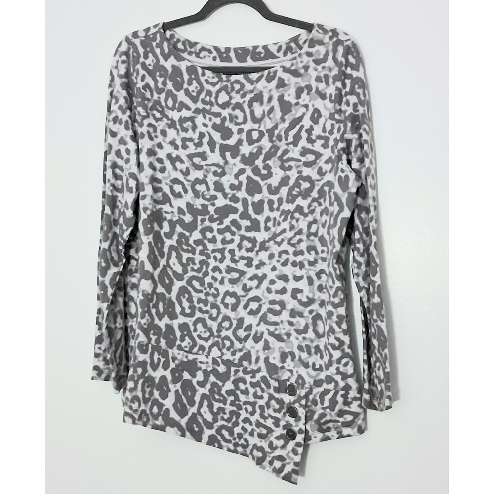 Susan Graver Top Women's Size M Gray Animal Print French Terry Button Detail